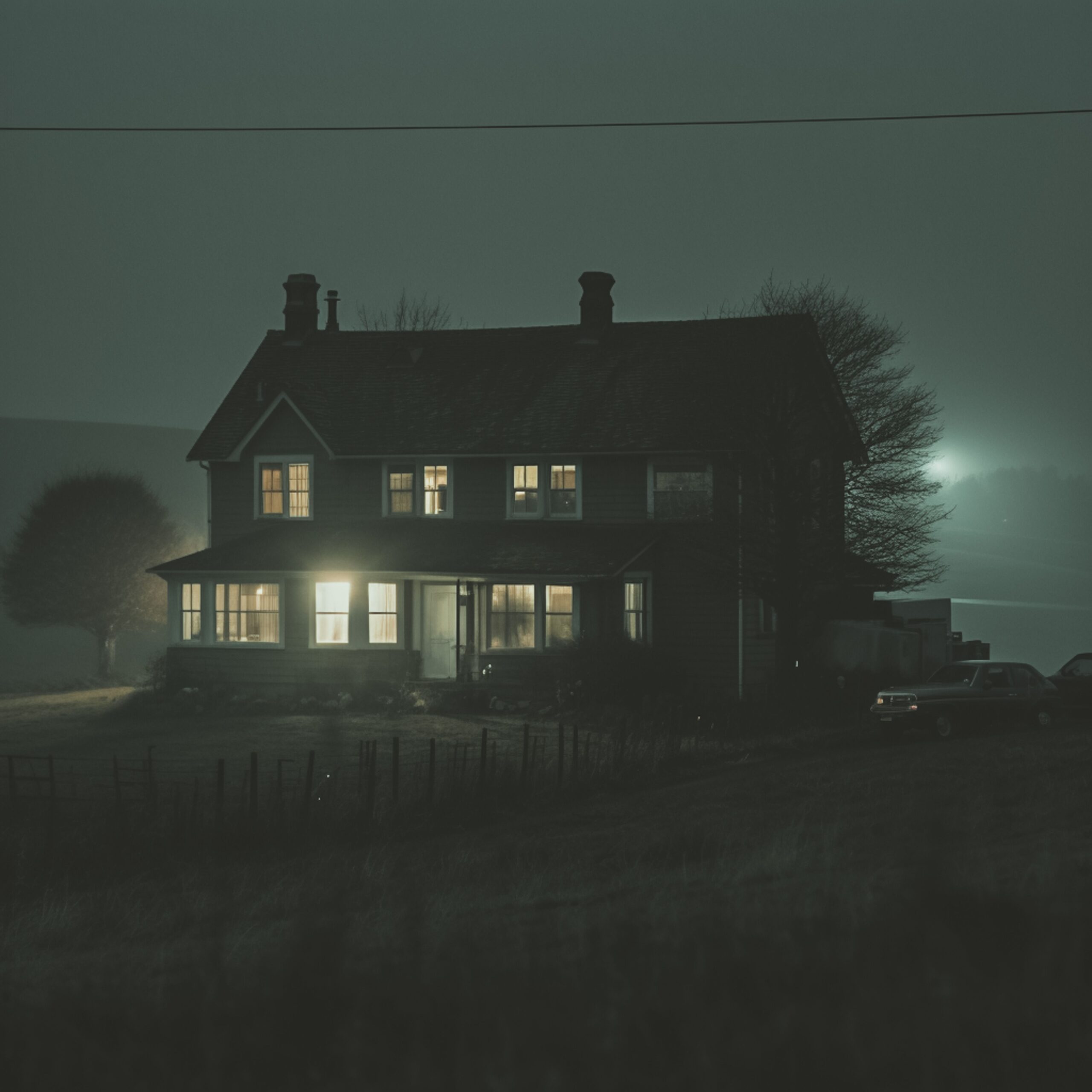A solitary house in a foggy countryside illuminated under the moonlight, creating an eerie ambience.